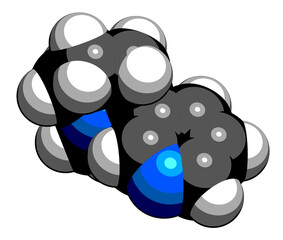 Nicotine tobacco stimulant molecule. Main addictive component in cigarette smoke. 3D rendering. Atoms are represented as spheres with conventional color coding