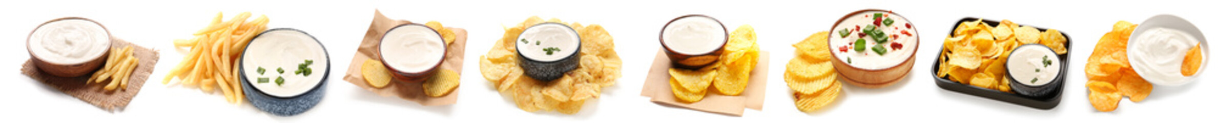 Bowls of tasty sour cream with crunchy potato on white background