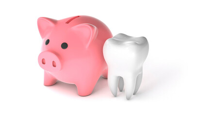 Pink piggy bank and tooth isolated on white background. The concept of saving for dental treatment. 3d render