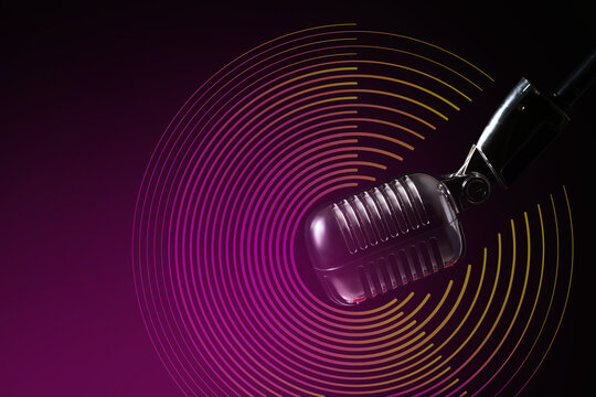 Retro Microphone With Radio Waves On Dark Background