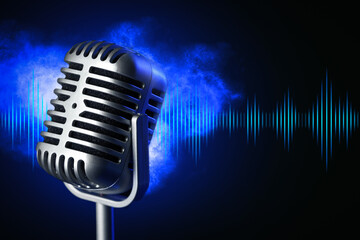 Retro microphone with radio waves on dark background