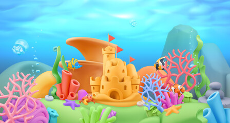 Fototapeta na wymiar Underwater world panorama landscape. 3d vector cartoon background. Plasticine art illustration
