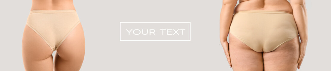 Compare of slim and overweight woman's bodies on grey background with space for text. Concept of...