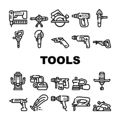 Tools For Building Collection Icons Set Vector. Jigsaw And Jackhammer, Neiler And Electric Planer, Spray Gun And Wrench, Flazer And Mixer Tools Black Contour Illustrations