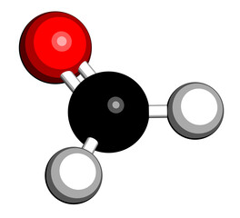 Formaldehyde (methanal) molecule. Important indoor pollutant. 3D rendering. Atoms are represented as spheres with conventional color coding: hydrogen (white), carbon (black), oxygen (red).