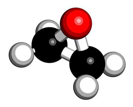 Ethylene oxide (oxirane) molecule. Uses include sterilization of medical devices and as a precursor of polymers. 3D rendering. Atoms are represented as spheres with conventional color coding