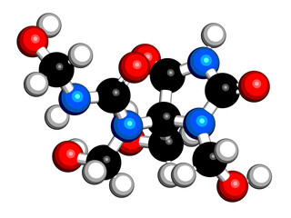 Diazolidinyl urea antimicrobial preservative molecule (formaldehyde releaser). 3D rendering. Atoms are represented as spheres with conventional color coding.