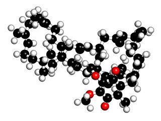 Coenzyme Q10 (ubiquinone, ubidecarenone, CoQ10) molecule, chemical structure. Plays an essential role in the production of cellular energy; has antioxidant properties. 3D rendering.