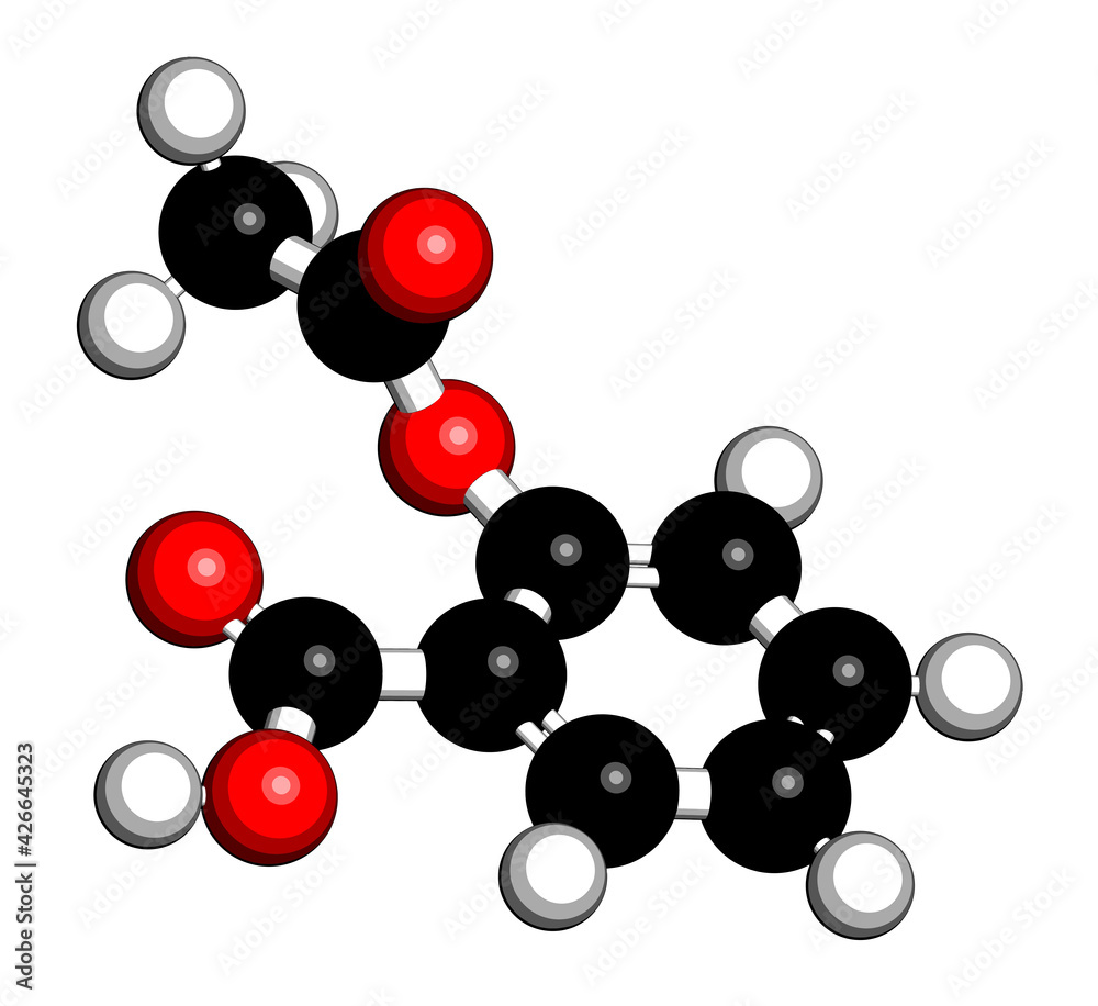 Sticker Acetylsalicylic acid (aspirin) drug molecule. 3D rendering. Atoms are represented as spheres with conventional color coding