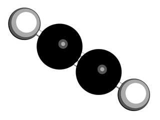 Acetylene (ethyne) molecule. Used in oxy-acetylene welding. 3D rendering. Atoms are represented as spheres with conventional color coding: hydrogen (white), carbon (black).