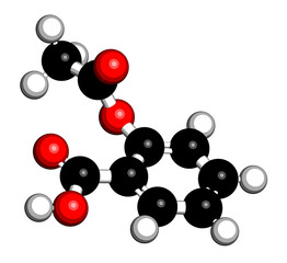 Acetylsalicylic acid (aspirin) drug molecule. 3D rendering. Atoms are represented as spheres with conventional color coding