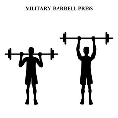 Fototapeta na wymiar Military barbell press exercise strength workout vector illustration silhouette