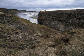 Famous Gulfoss waterfall in the Golden Circle in South Iceland. Wide landscape view