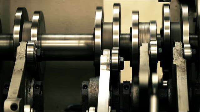 Big Metal Pistons of a Machine Engine. Close Up. 4K Resolution.