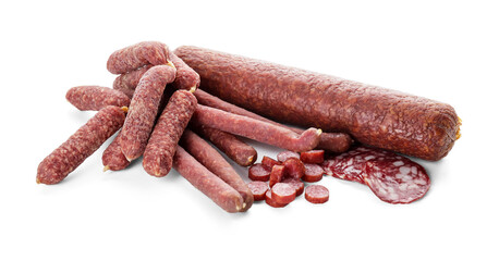 Different tasty sausages on white background