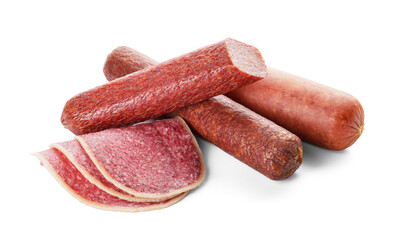 Tasty sausages on white background
