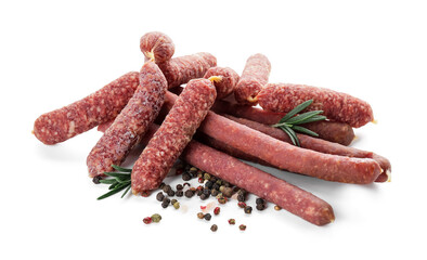 Tasty sausages on white background