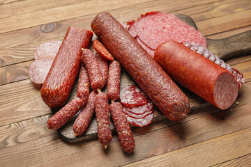 Board with tasty sausages on wooden background