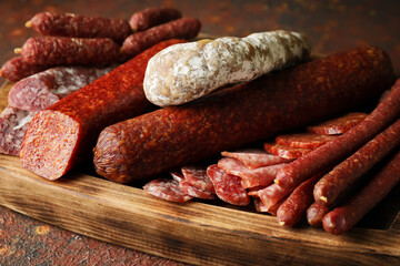 Cutting board with tasty sausages on grunge background, closeup