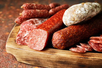 Cutting board with tasty sausages on grunge background, closeup