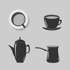Vector illustration of coffee utensils in monochrome. Cup, turk, coffee pot. Signs, icons, symbols. For dyeing in preferred color.