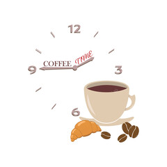 A cup of coffee, coffee beans, a croissant and an hour dial with the inscription Coffee Time. Break from work and rest symbol. Vector illustration. For various purposes of design.