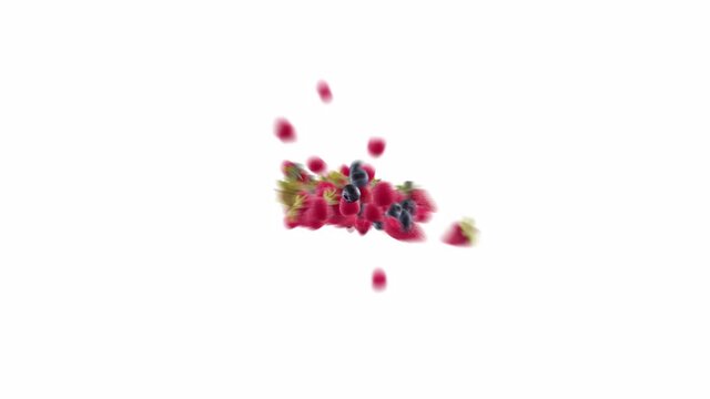 Burst of Strawberry Raspberry Blueberry in White Background with Alpha Channel
