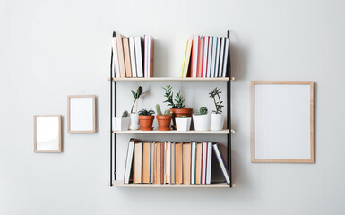 Shelf with books and plants hanging on light wall - obrazy, fototapety, plakaty