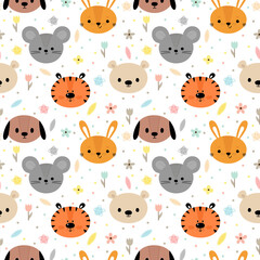Childish seamless pattern with cute smiley animals. Creative baby texture for fabric, nursery, textile, clothes. Funny floral background