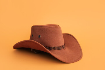 Stylish cowboy hat on color background