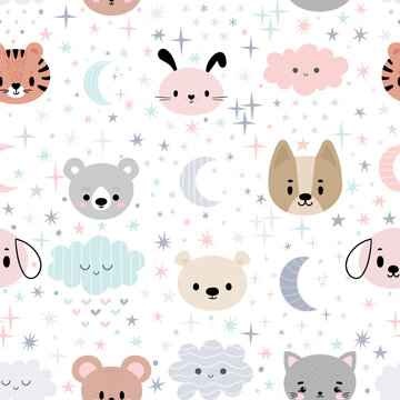 Cute seamless pattern for kids with cartoon little animals. Children background with moon, stars and clouds. Lovely art print