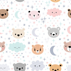 Cute seamless pattern for kids with cartoon little bears. Children background with moon, stars and clouds. Lovely animals