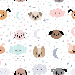 Cute seamless pattern for kids with cartoon little dogs. Children background with moon, stars, puppies and clouds. Lovely animals