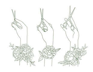 The outline of a pair of scissors in the hairdressers hand and a flower, set. The barber holds the tool in different positions. Sketch, doodle, green line on white background. Hair salon symbol, icon