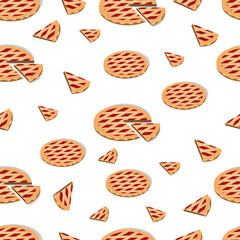 vector apple pie on a white background and a cut piece of pie. whole pie, pie cut. Seamless background, tea party