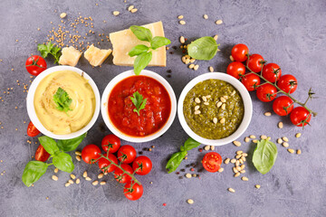 pesto sauce, mayonnaise and tomato sauce- sauce,  dip composition with ingredients