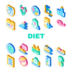 Diet Products And Tool Collection Icons Set Vector. Vegetarian Diet And Description, Fat Burning Tea And Smoothie Drink, Flexible Meter And Caliper Isometric Sign Color Illustrations