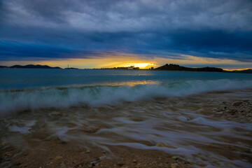 Heavy clouds and strong wind with waves in the evening on the Adriatic coast in Istra during sunset, Croatia
