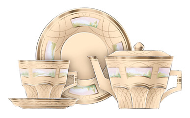 Digitally drawn illustration of yellow vintage porcelain teapot, cup and plate, decorated with golden elements on white background for graphic or web design