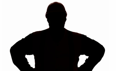 silhouette of fat contruction worker figure in hard hat with hands on hips on white background