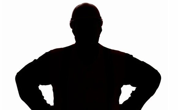 silhouette of fat contruction worker figure in hard hat with hands on hips on white background