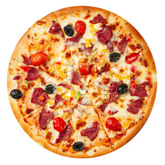 Isolated pizza with meat and vegetables on the white background