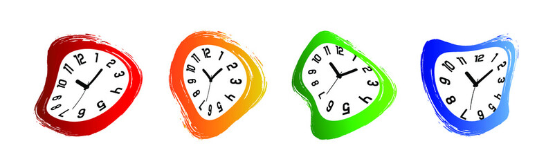 melting watches. Set of deformed colorful wall clock.	