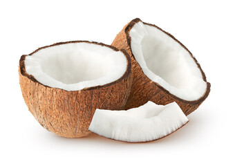 Isolated coconuts. Cut out coconut with a piece isolated on white background, with clipping path