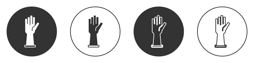 Black Medical rubber gloves icon isolated on white background. Protective rubber gloves. Circle button. Vector