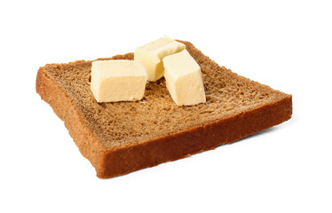 Slice of fresh bread with butter on white background