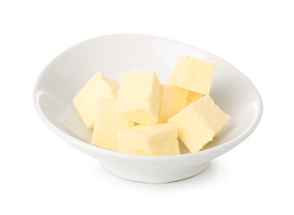 Bowl with fresh butter on white background