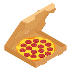 Salami pizza in a cardboard box for restaurants or pizzerias delivery.