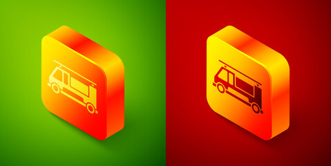 Isometric Fire truck icon isolated on green and red background. Fire engine. Firefighters emergency vehicle. Square button. Vector
