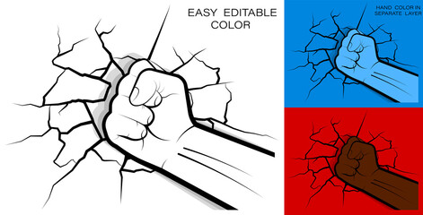 athlete powerful hand clenched into fist hit and shattered the wall. Cracks and fractures on wall from strong hand blow. Vector